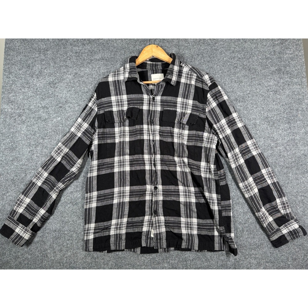 American Eagle Flannel Shirt Mens Large White Black Plaid Long Sleeve Button-Up